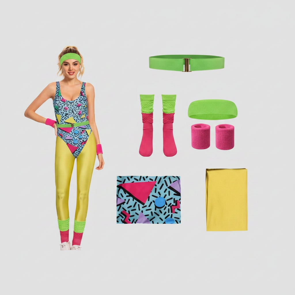 80s Workout Costume Aerobics Leotard Leg Warmers Headband Wristbands Halloween