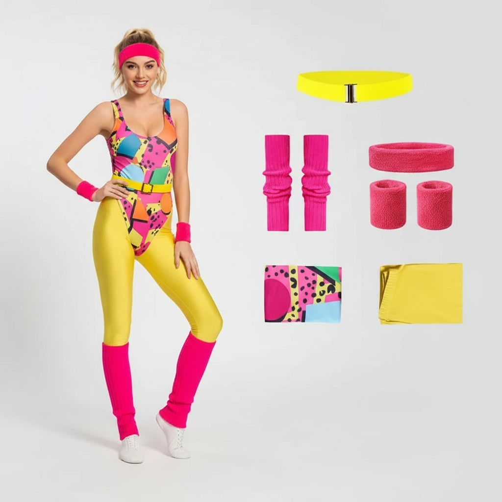 80s Workout Costume Aerobics Leotard Leg Warmers Headband Wristbands Halloween