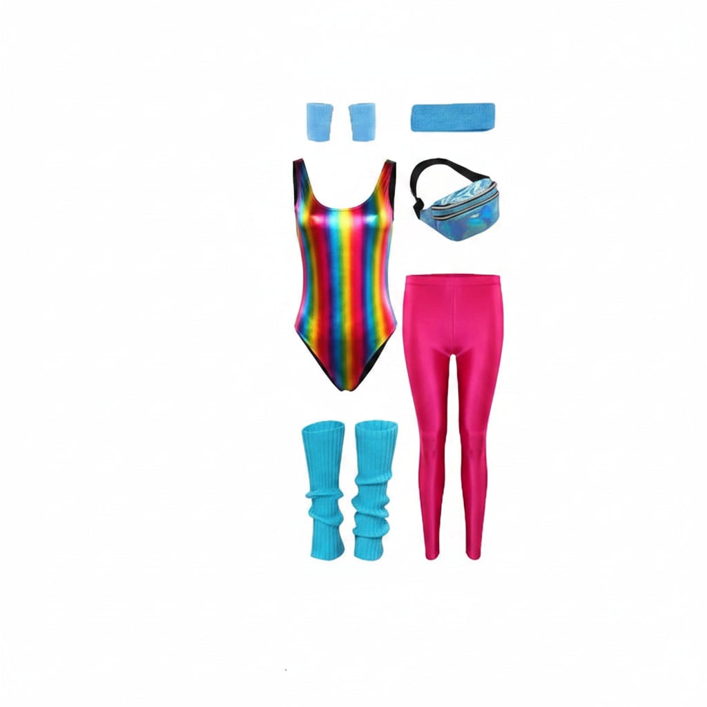 80s Workout Costume Aerobics Leotard Leg Warmers Headband Wristbands Halloween