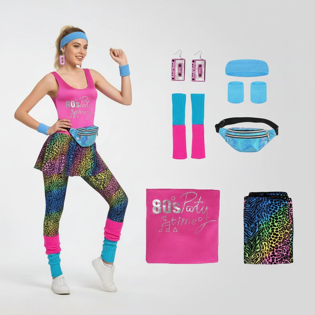 80s Workout Costume Aerobics Leotard Leg Warmers Headband Wristbands Halloween
