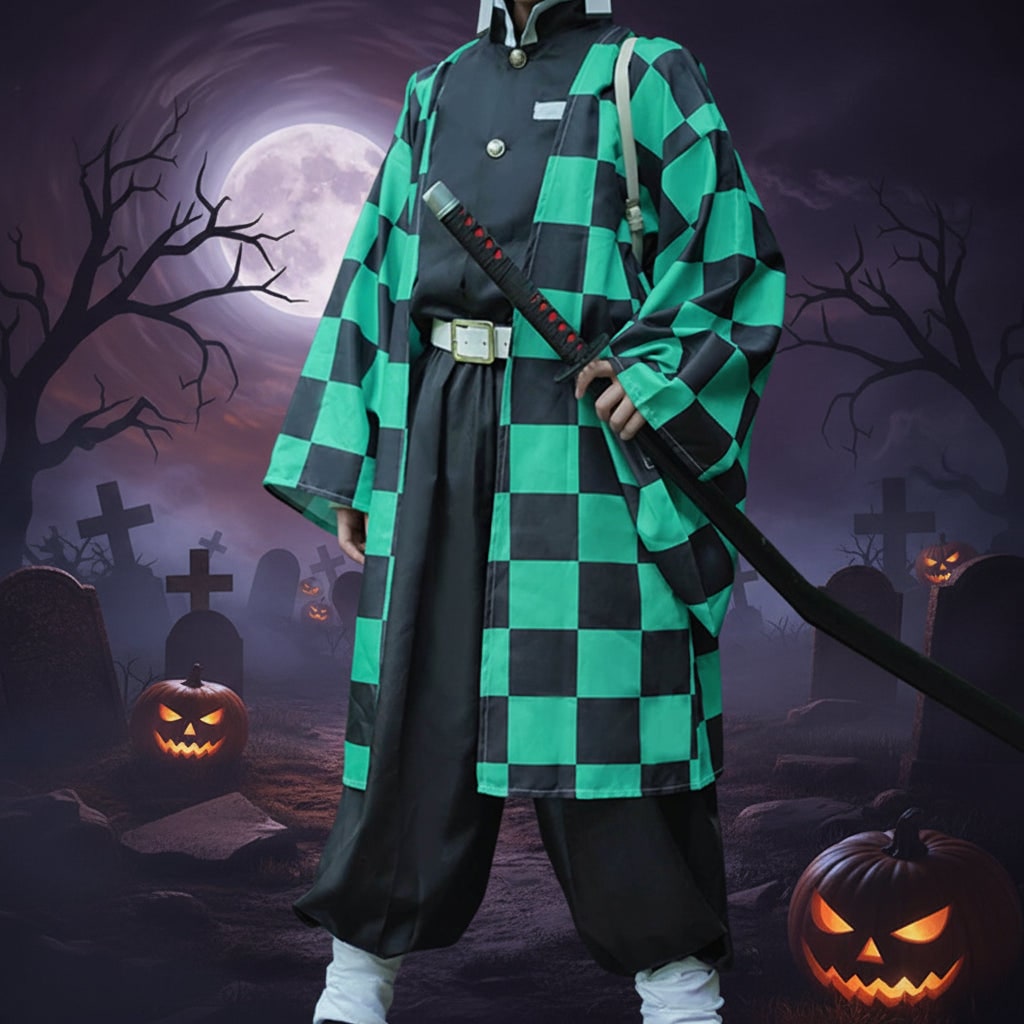 Anime Cosplay Costume Checkered Haori Coat Character Outfit Halloween