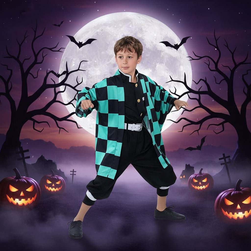 Anime Cosplay Costume Checkered Haori Coat Character Outfit Halloween