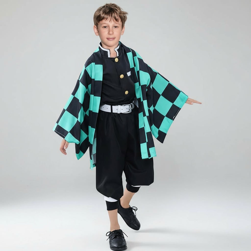 Anime Cosplay Costume Haori Jacket Checkered Pattern Halloween Outfit
