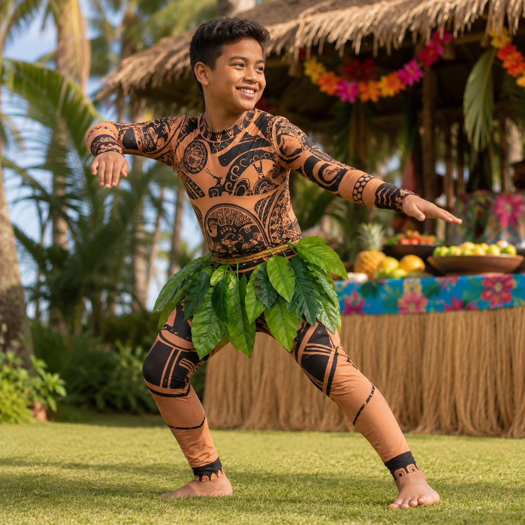 Maui Costume Bodysuit with Tattoo Print and Faux Leaf Skirt Halloween