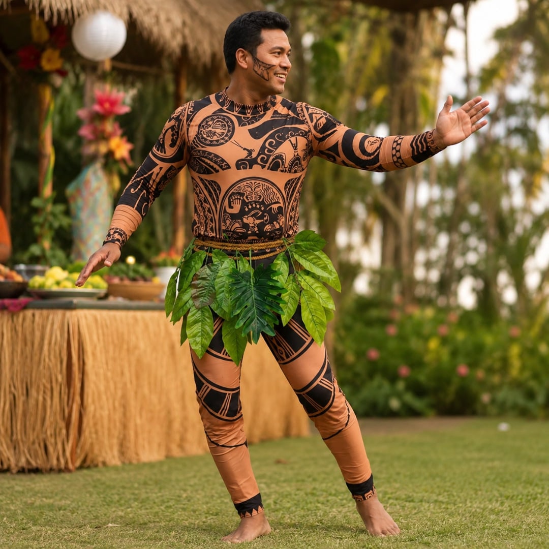 Maui Costume Bodysuit with Tattoo Print and Faux Leaf Skirt Halloween