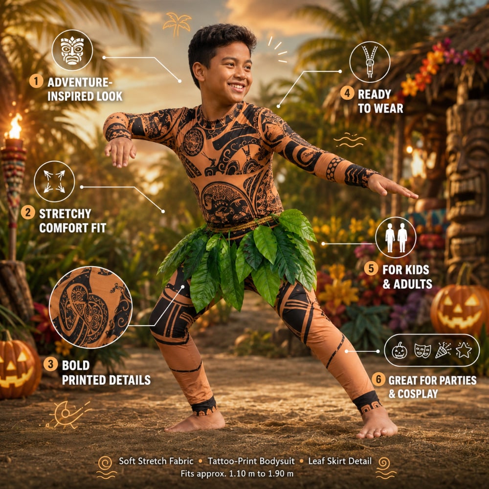 Maui Costume Bodysuit with Tattoo Print and Faux Leaf Skirt Halloween