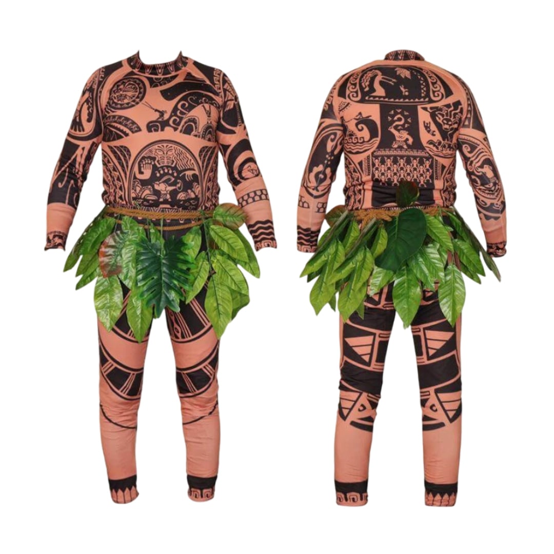 Maui Costume Bodysuit with Tattoo Print and Faux Leaf Skirt Halloween
