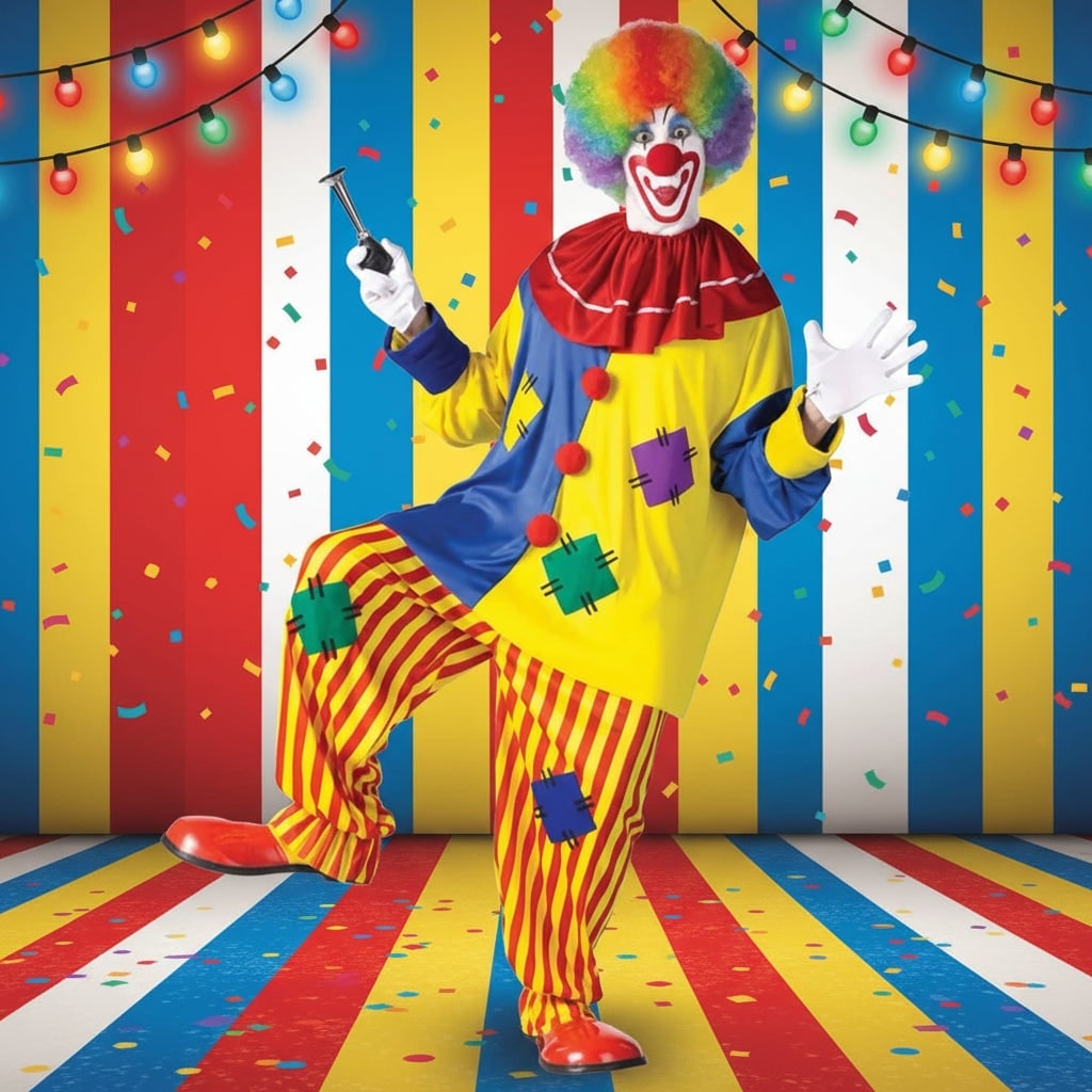 Circus Clown Costume Colorful Tunic and Striped Pants Creepy Halloween