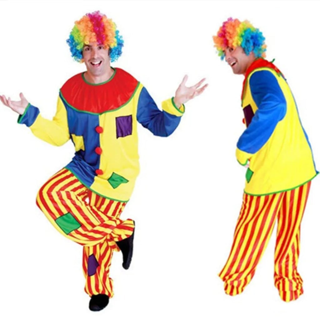 Circus Clown Costume Colorful Tunic and Striped Pants Creepy Halloween