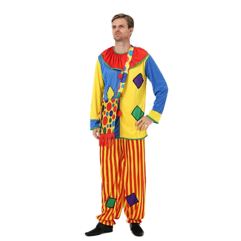 Circus Clown Costume Colorful Tunic and Striped Pants Creepy Halloween