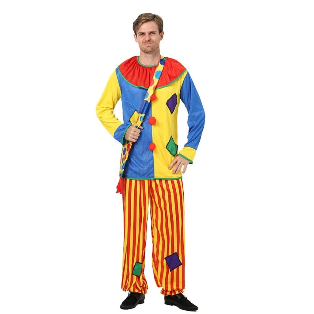 Circus Clown Costume Colorful Tunic and Striped Pants Creepy Halloween