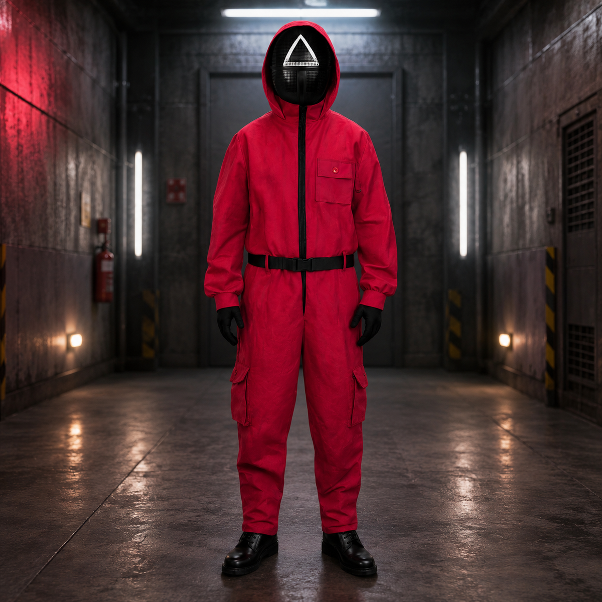 Red Hooded Jumpsuit Costume with Belt Halloween Cosplay Party