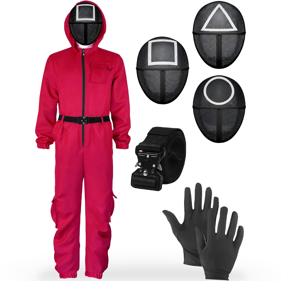Red Hooded Jumpsuit Costume with Belt Halloween Cosplay Party