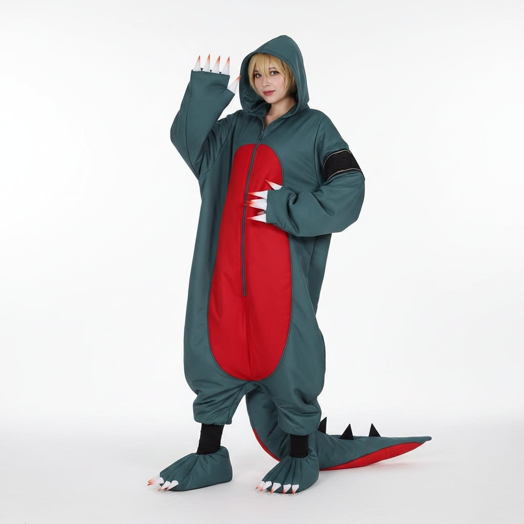 Dinosaur Cosplay Costume Onesie Jumpsuit with Wig and Shoe Covers Halloween Party