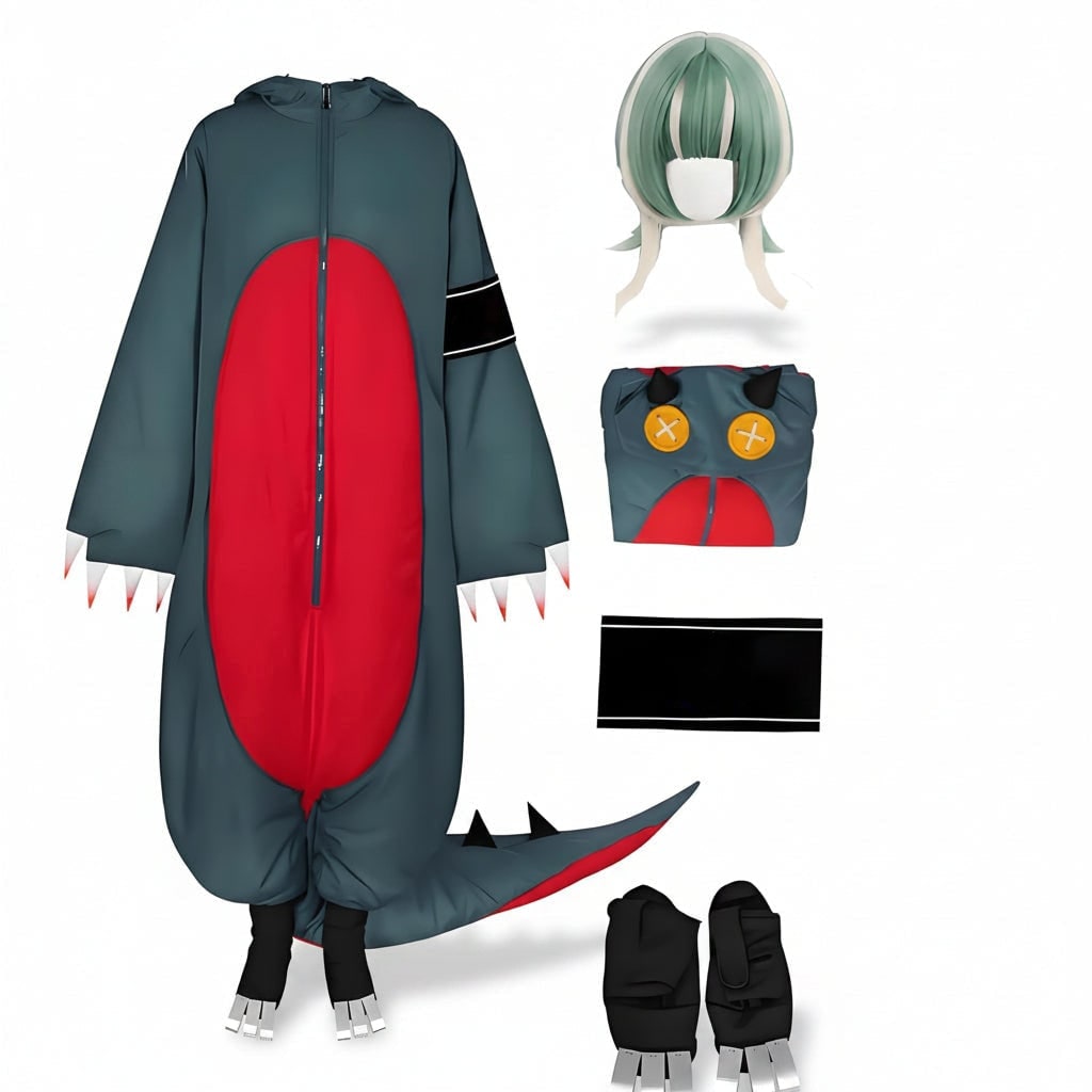 Dinosaur Cosplay Costume Onesie Jumpsuit with Wig and Shoe Covers Halloween Party
