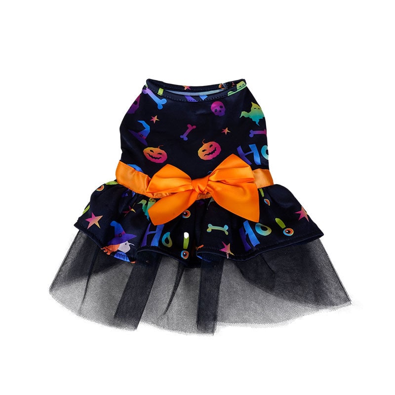 Dog Costume Dress with Tutu Skirt and Satin Bow Halloween Pet Apparel