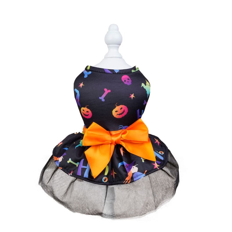 Dog Costume Dress with Tutu Skirt and Satin Bow Halloween Pet Apparel
