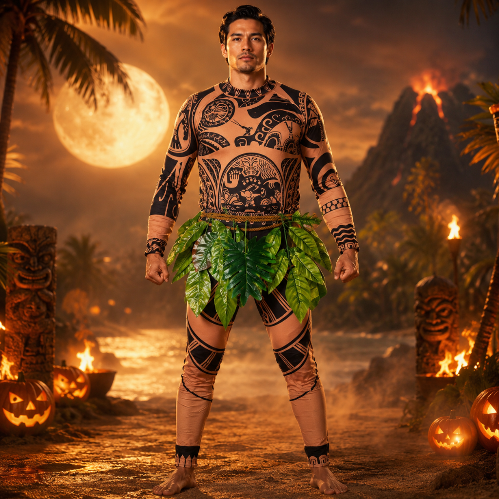 Full Body Spandex Bodysuit Costume Tribal Tattoo Print Leaf Skirt Halloween