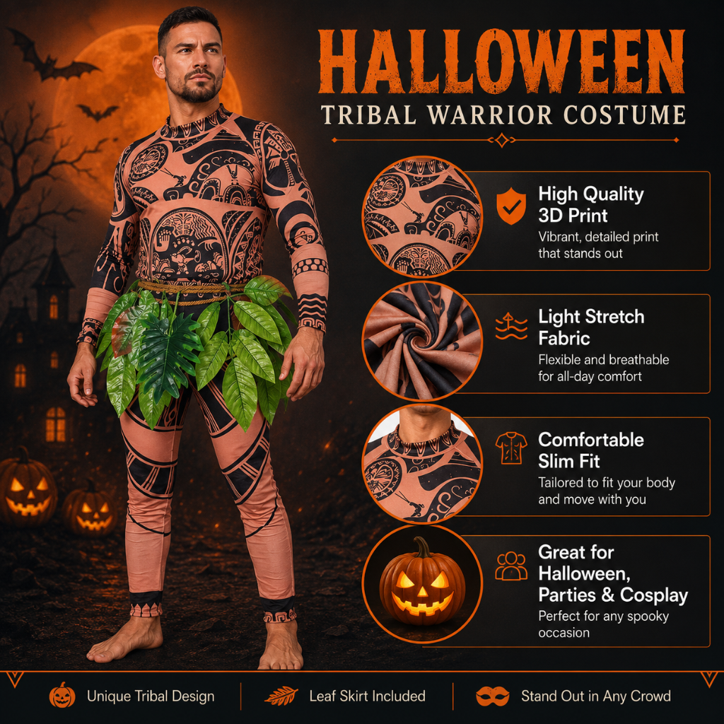 Full Body Spandex Bodysuit Costume Tribal Tattoo Print Leaf Skirt Halloween