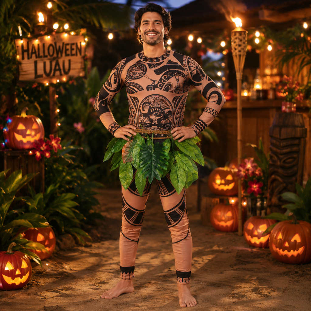 Full Body Spandex Bodysuit Costume Tribal Tattoo Print Leaf Skirt Halloween
