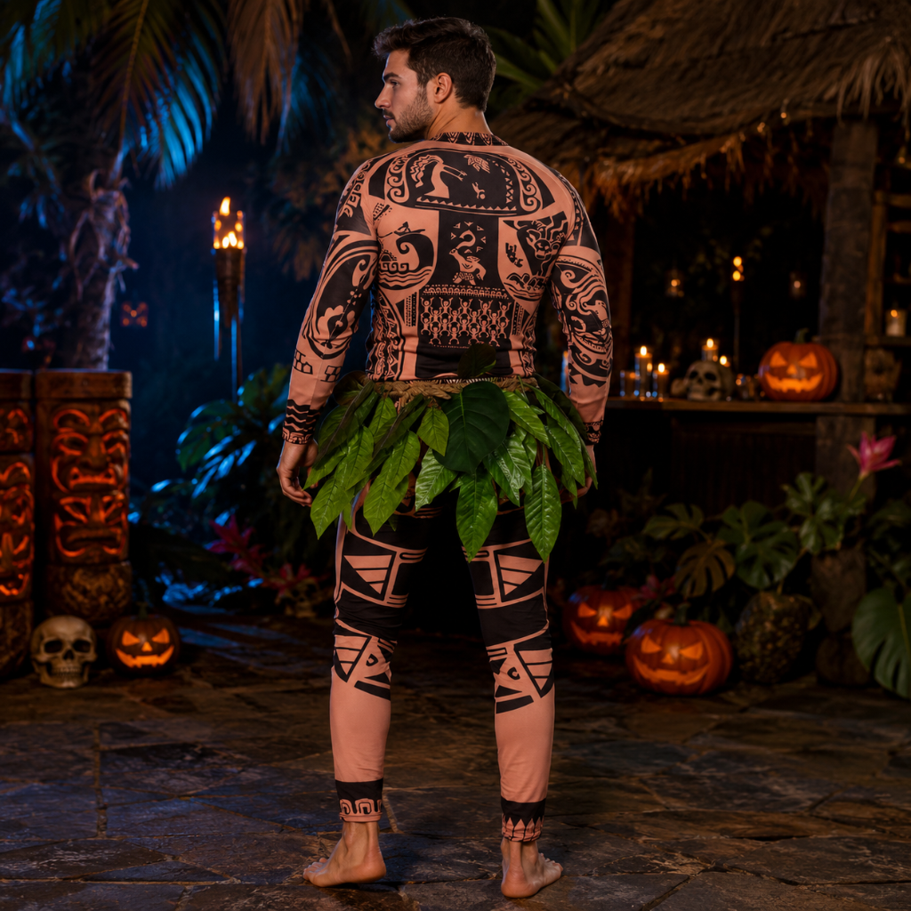 Full Body Spandex Bodysuit Costume Tribal Tattoo Print Leaf Skirt Halloween