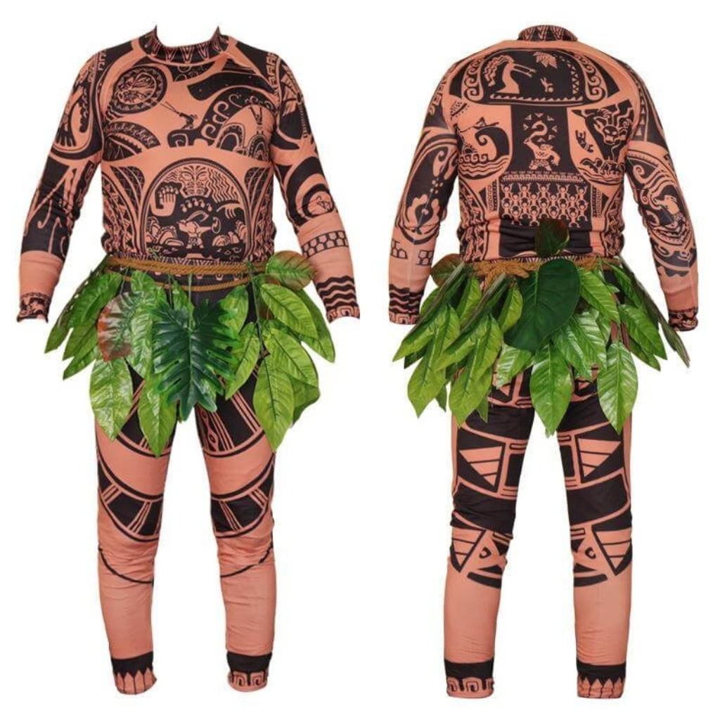 Full Body Spandex Bodysuit Costume Tribal Tattoo Print Leaf Skirt Halloween