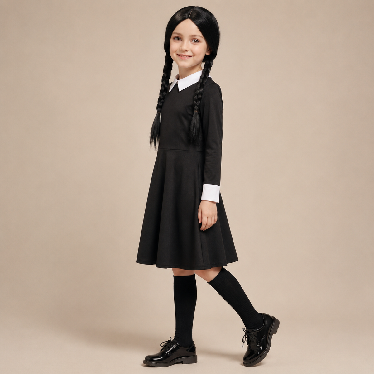 Gothic Schoolgirl Costume Dress with White Collar and Braids Halloween Cosplay