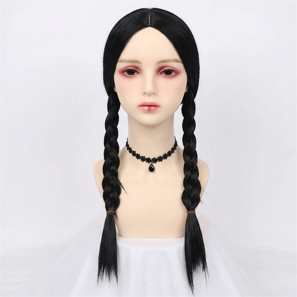 Gothic Schoolgirl Costume Dress with White Collar and Braids Halloween Cosplay