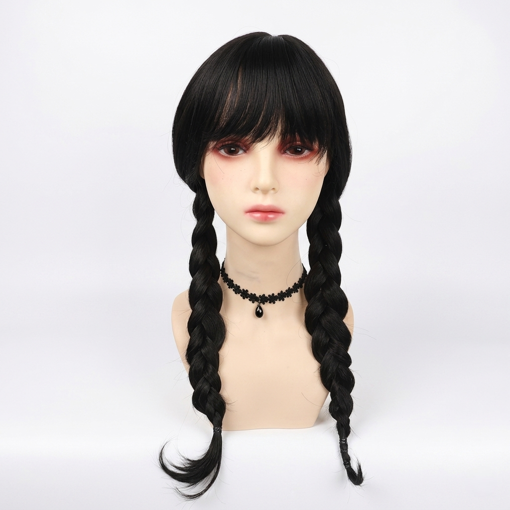Gothic Schoolgirl Costume Dress with White Collar and Braids Halloween Cosplay