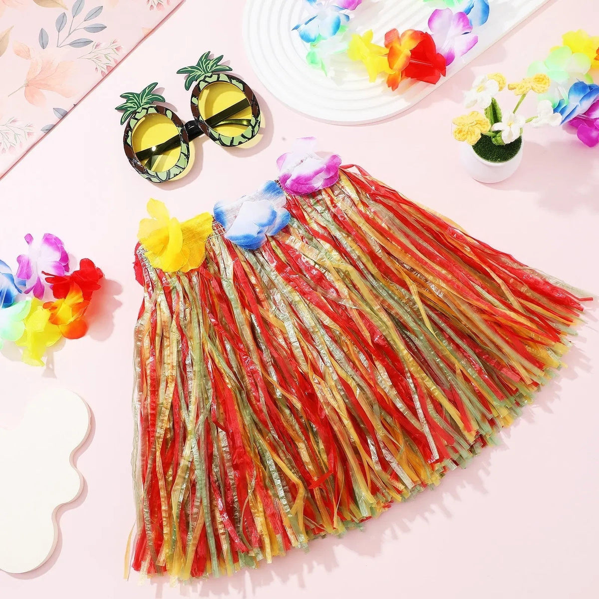 Hula Skirt Set with Grass Skirt Flower Lei and Accessories Halloween Party