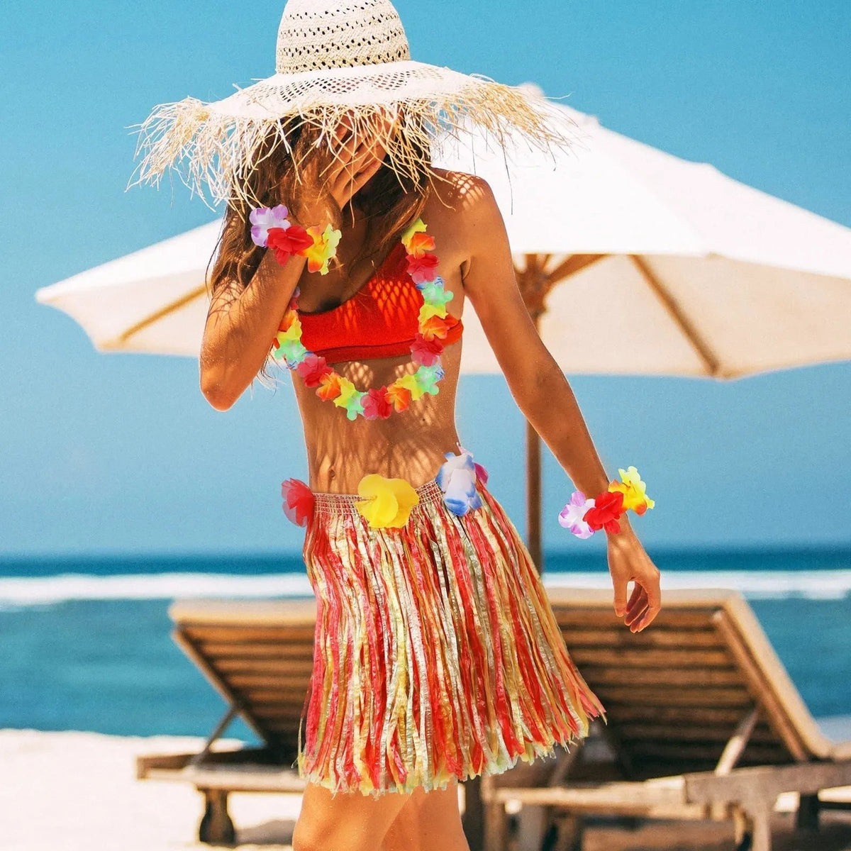 Hula Skirt Set with Grass Skirt Flower Lei and Accessories Halloween Party