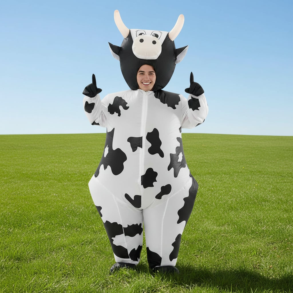 Inflatable Cow Costume Open Face Hood Hoof Covers Funny Animal Halloween