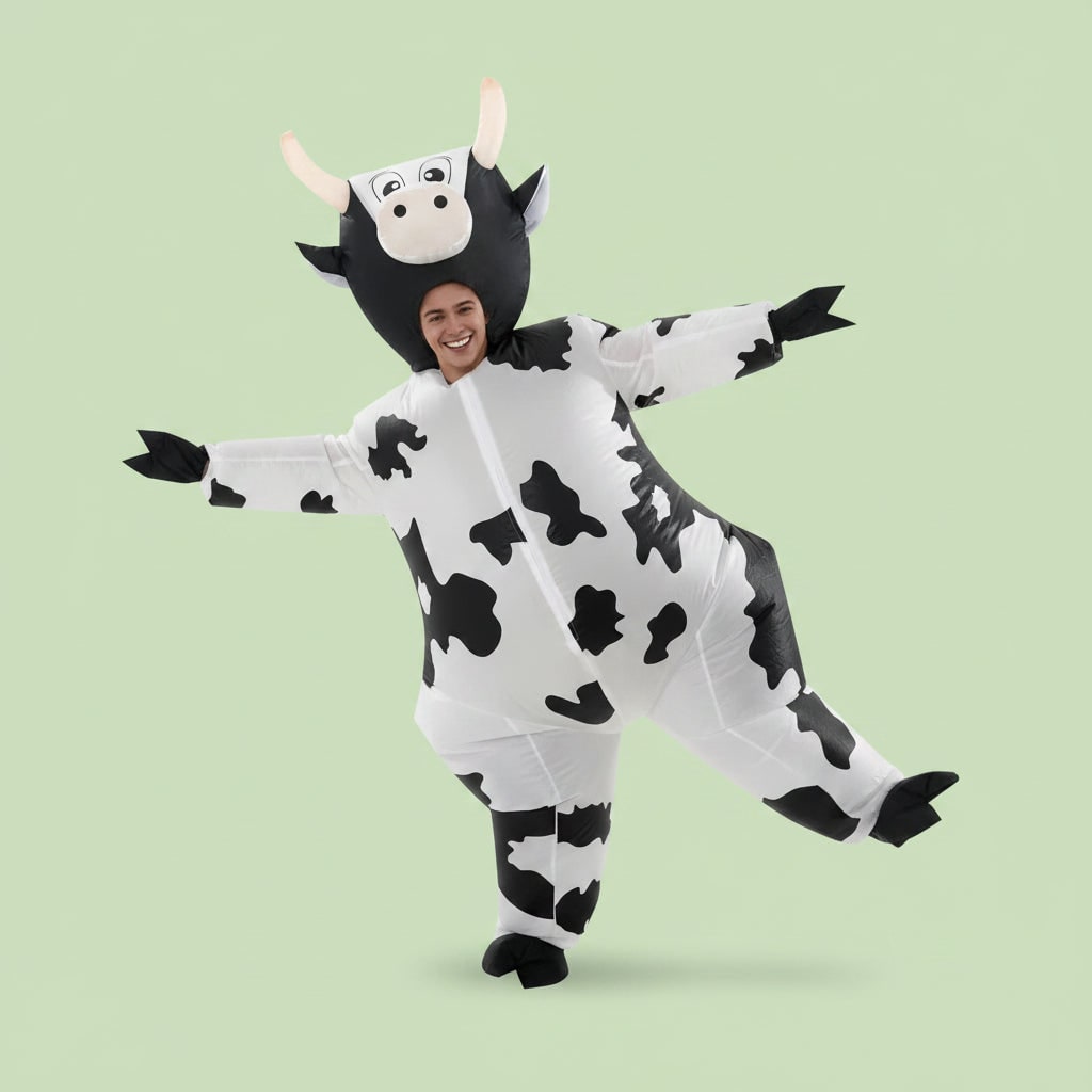 Inflatable Cow Costume Open Face Hood Hoof Covers Funny Animal Halloween