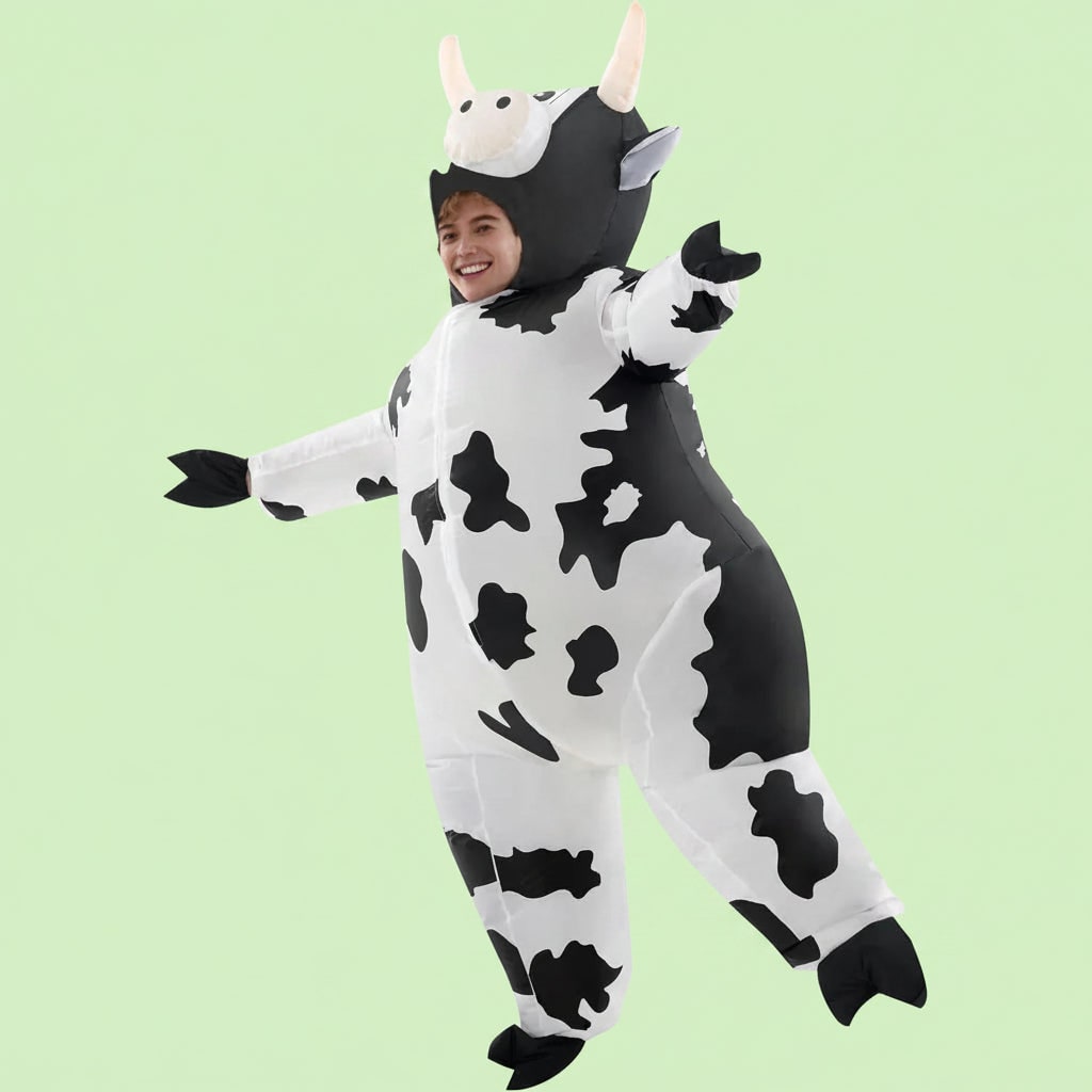 Inflatable Cow Costume Open Face Hood Hoof Covers Funny Animal Halloween