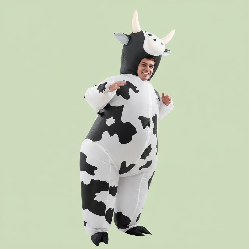 Inflatable Cow Costume Open Face Hood Hoof Covers Funny Animal Halloween