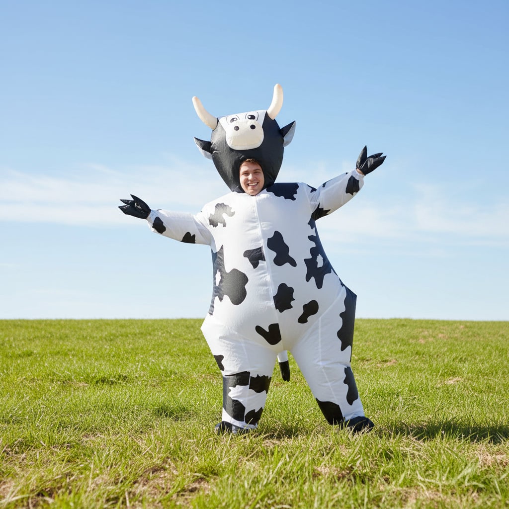 Inflatable Cow Costume Open Face Hood Hoof Covers Funny Animal Halloween