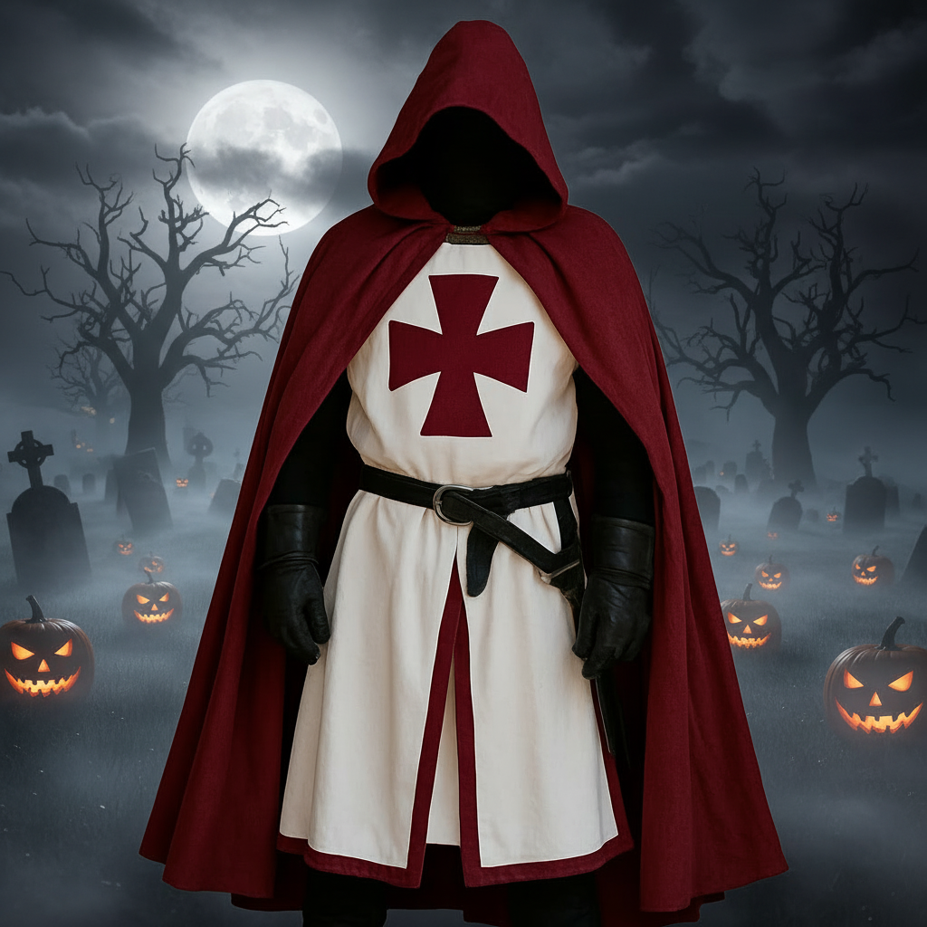 Medieval Knight Costume Templar Crusader Tunic Contrasting Trim Split Hem Halloween