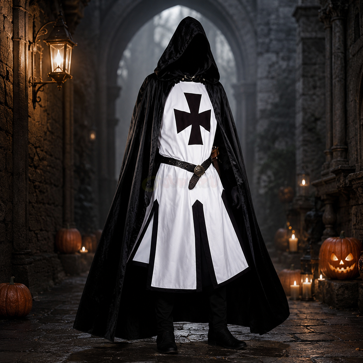 Medieval Knight Costume Templar Crusader Tunic Contrasting Trim Split Hem Halloween