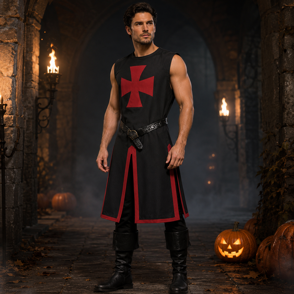 Medieval Knight Costume Templar Crusader Tunic Contrasting Trim Split Hem Halloween