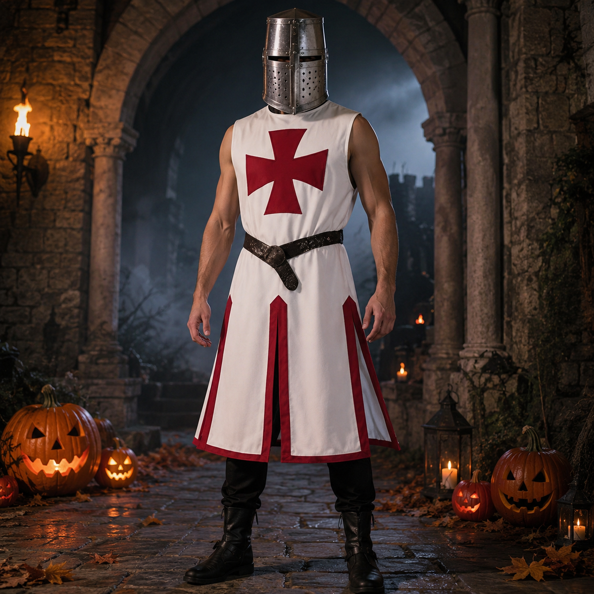 Medieval Knight Costume Templar Crusader Tunic Contrasting Trim Split Hem Halloween