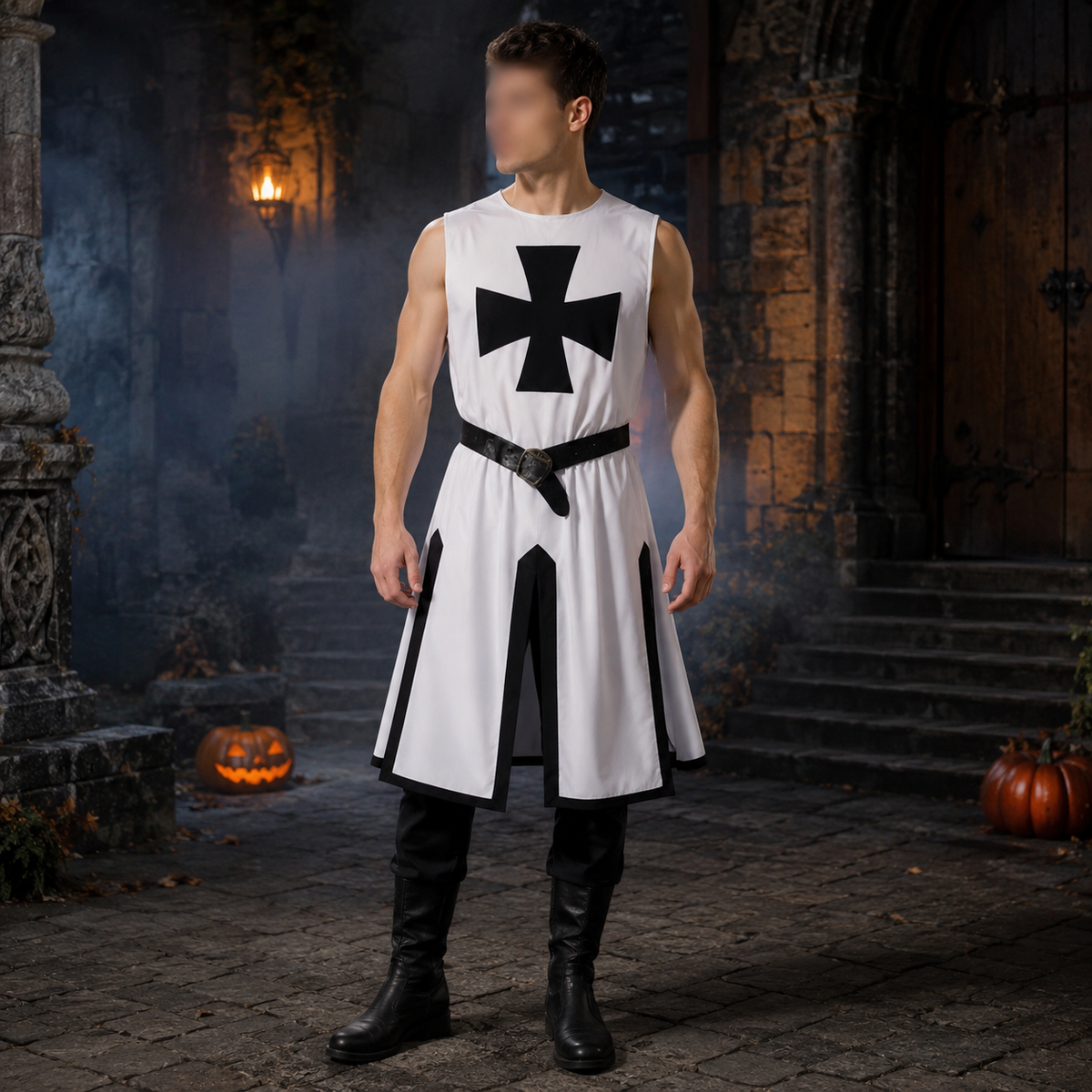 Medieval Knight Costume Templar Crusader Tunic Contrasting Trim Split Hem Halloween