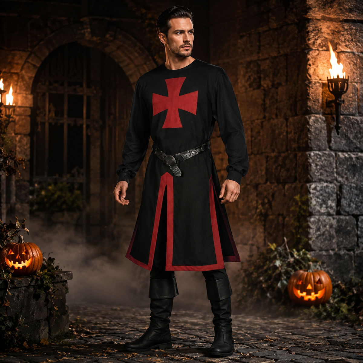 Medieval Knight Costume Templar Crusader Tunic Contrasting Trim Split Hem Halloween