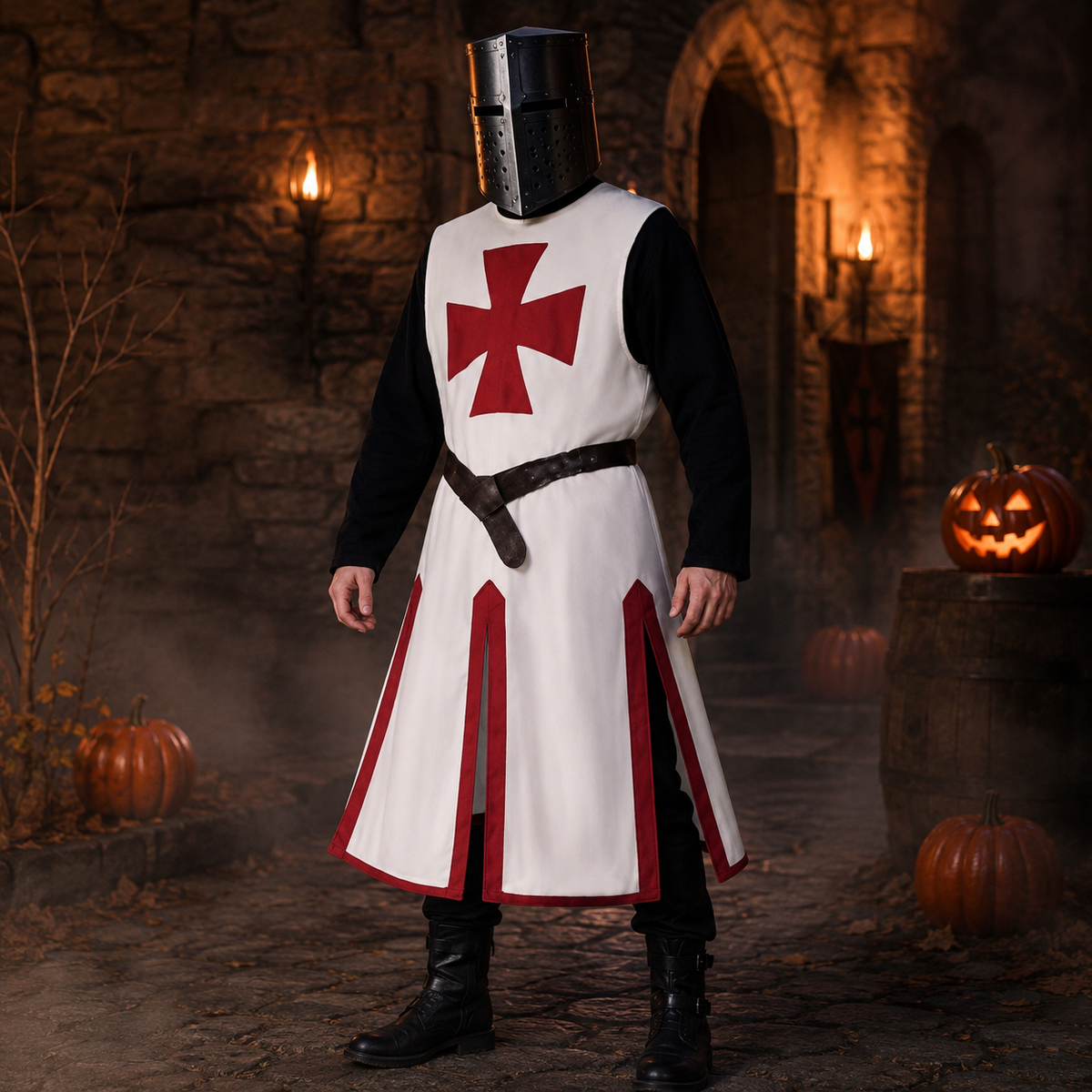 Medieval Knight Costume Templar Crusader Tunic Contrasting Trim Split Hem Halloween