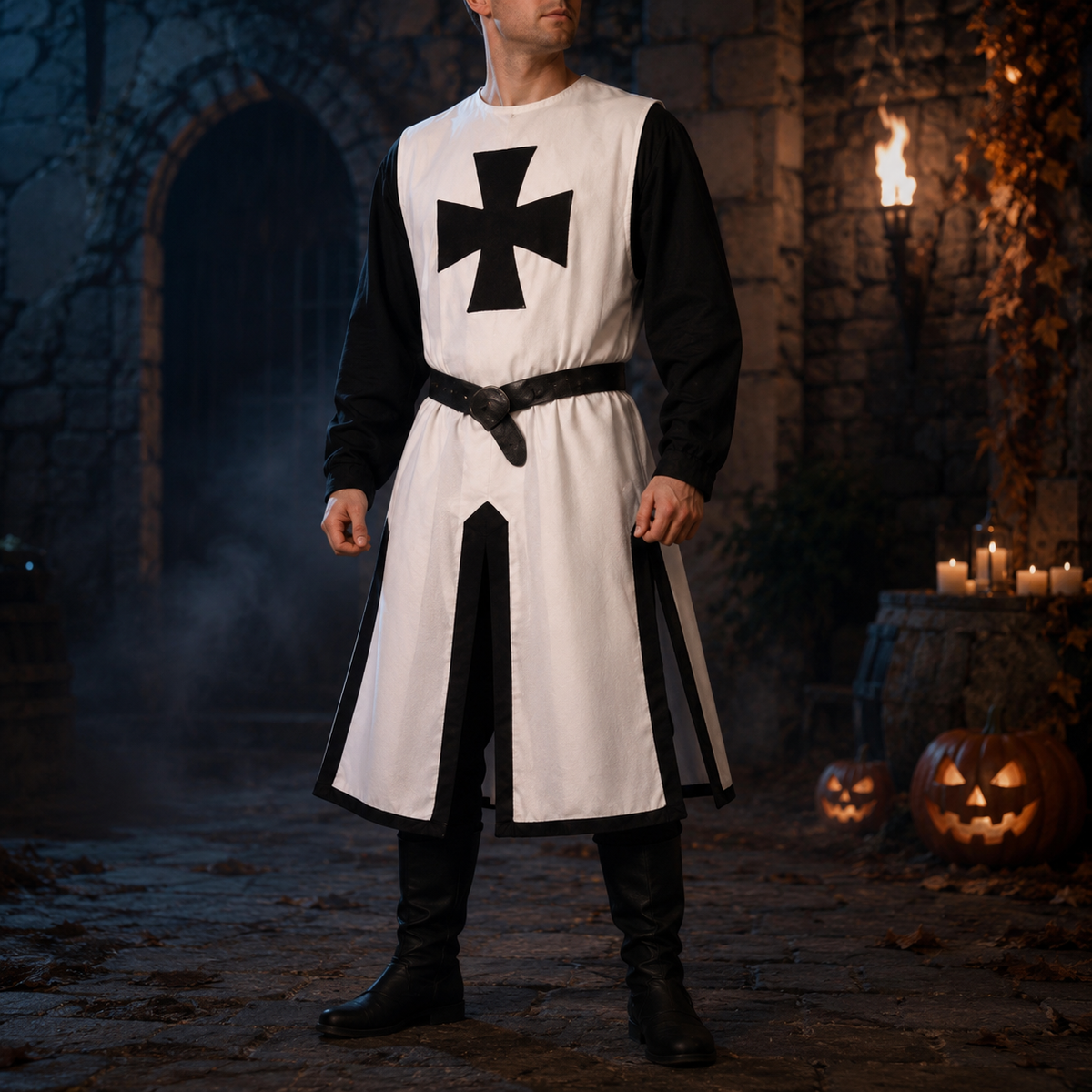Medieval Knight Costume Templar Crusader Tunic Contrasting Trim Split Hem Halloween