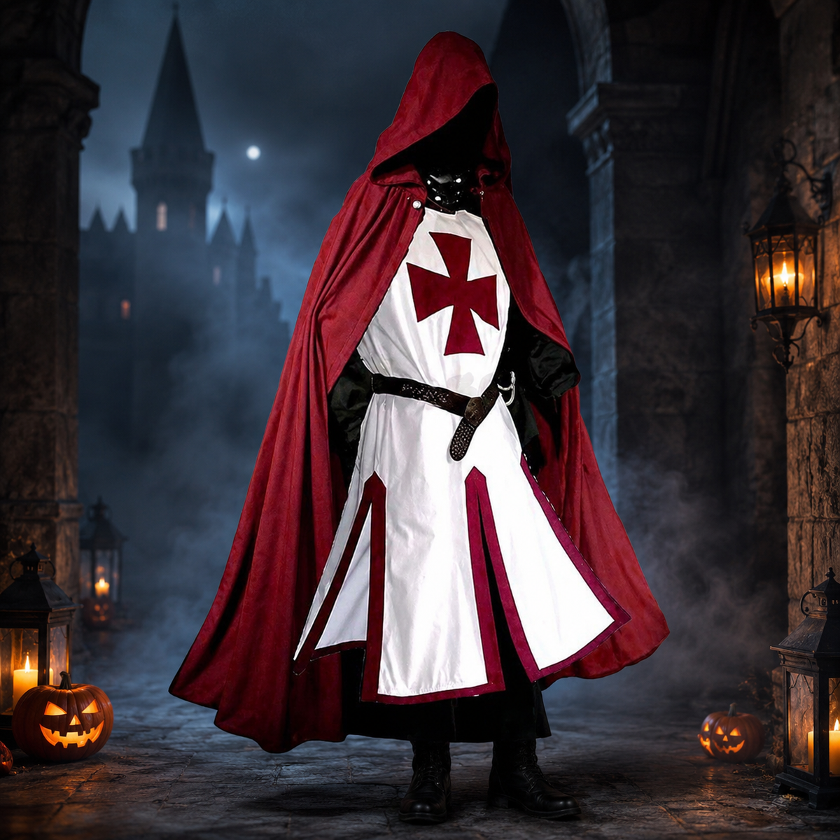 Medieval Knight Costume Templar Crusader Tunic Contrasting Trim Split Hem Halloween