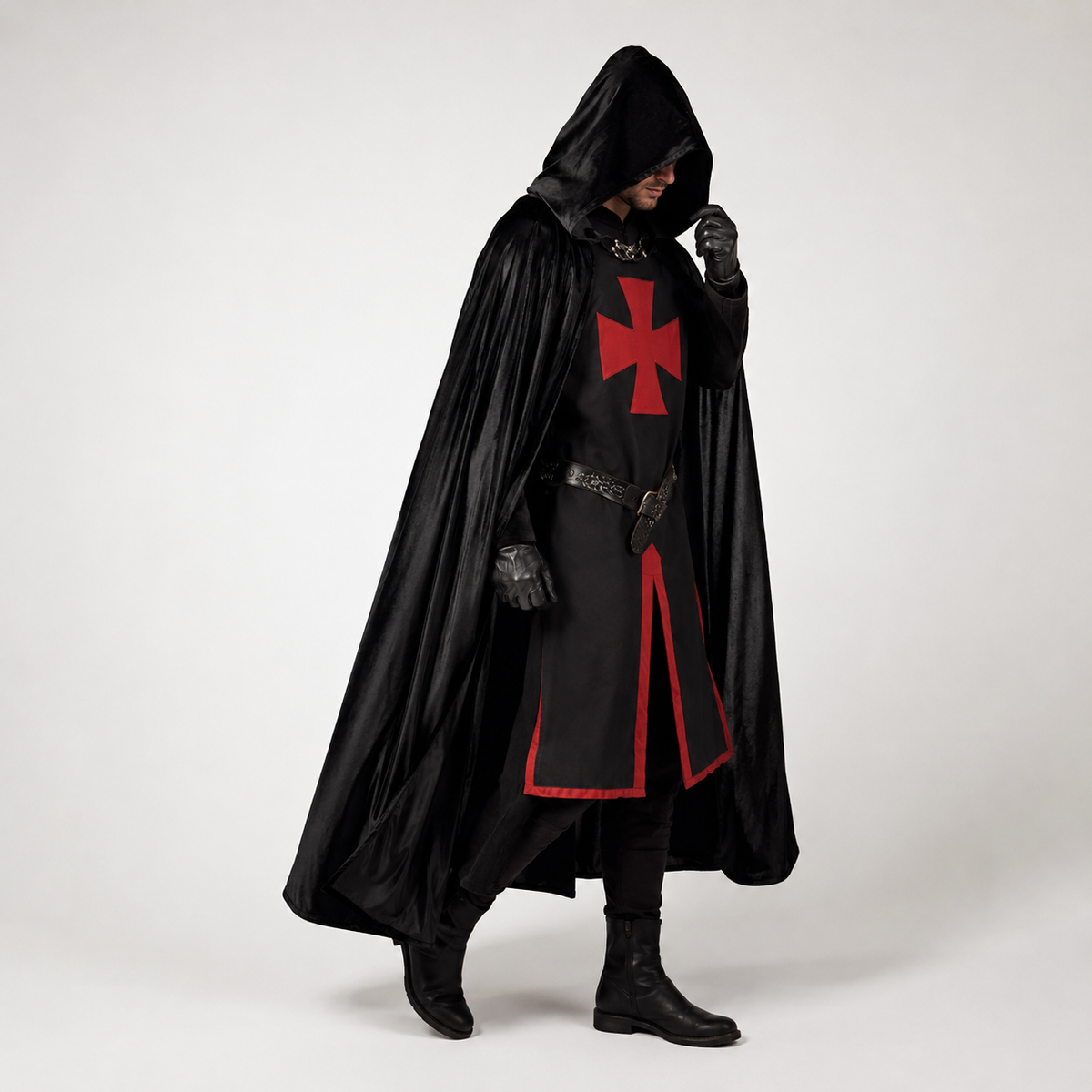 Medieval Knight Costume Tunic Hooded with Templar Cross Halloween Cosplay
