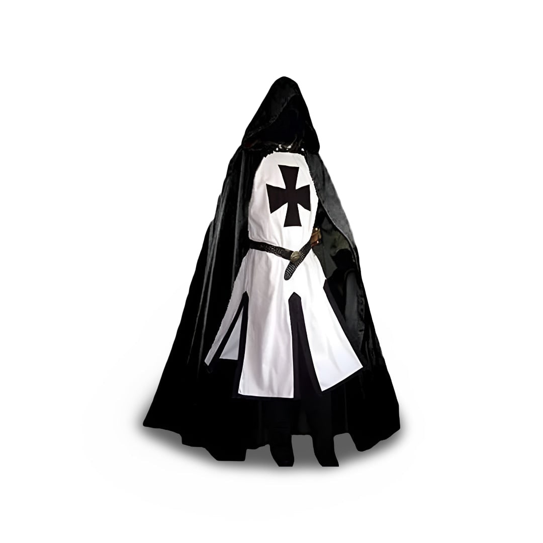 Medieval Knight Costume Tunic Hooded with Templar Cross Halloween Cosplay