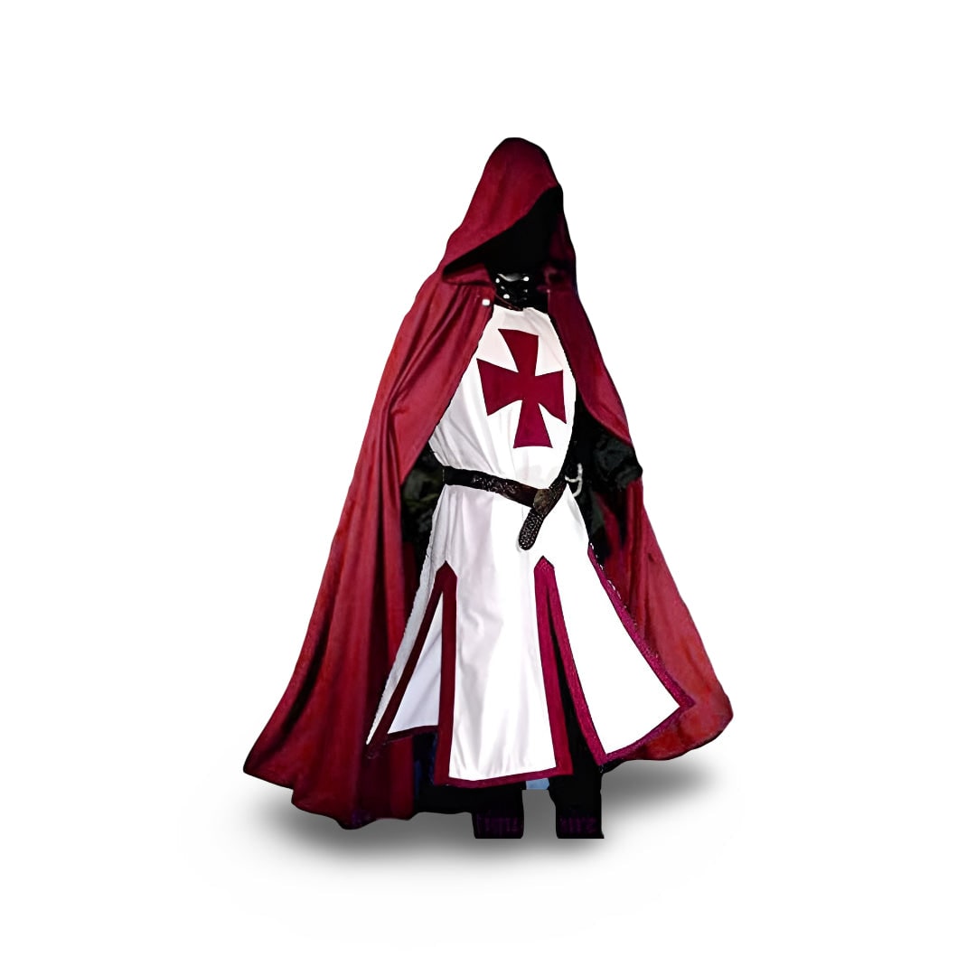 Medieval Knight Costume Tunic Hooded with Templar Cross Halloween Cosplay