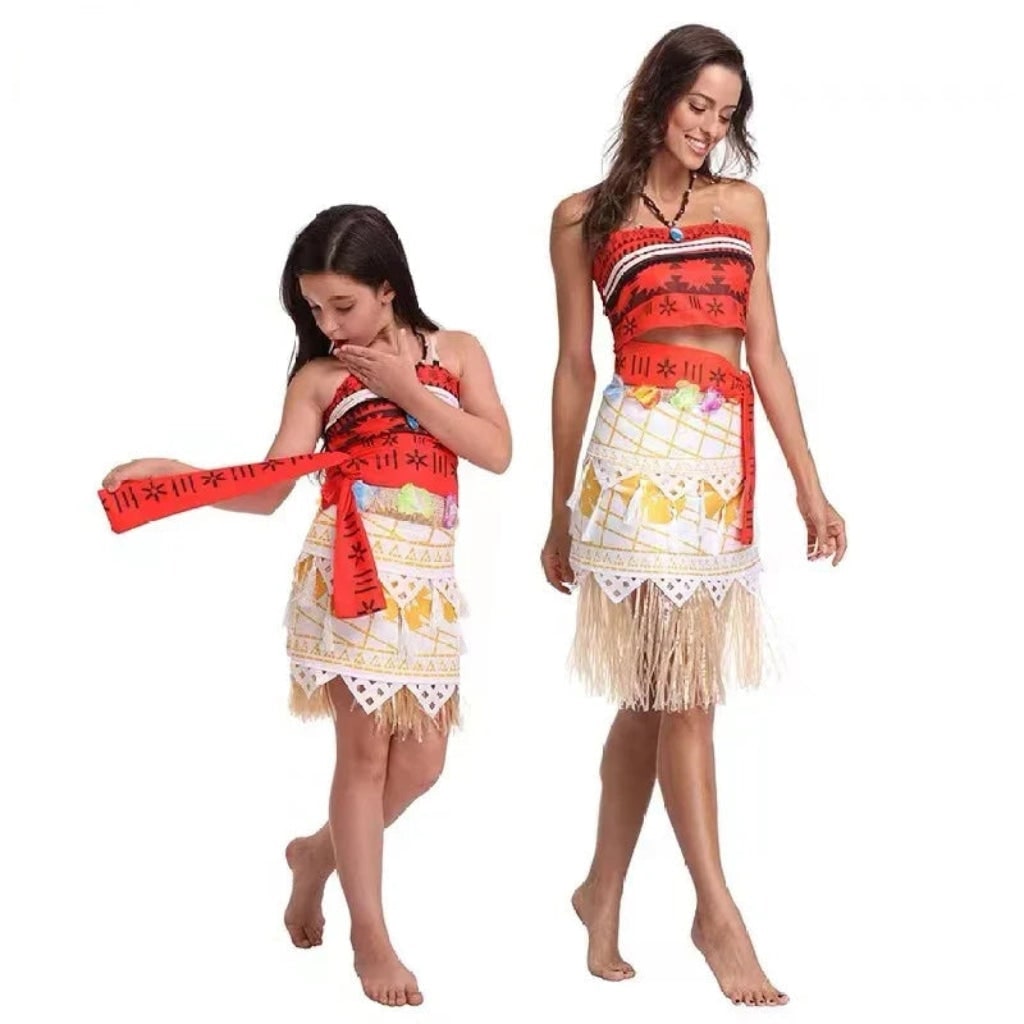 Princess Costume Tropical Print Top Grass Skirt and Pendant Halloween