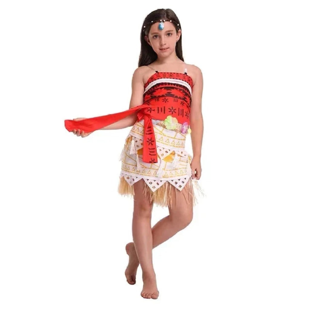 Princess Costume Tropical Print Top Grass Skirt and Pendant Halloween